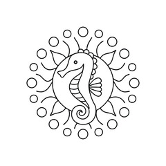 Seahorse in mandala outline for coloring books and creative design projects illustration
