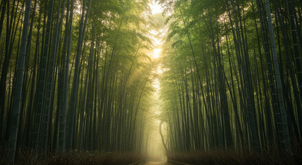 Obraz premium Serene Bamboo Forest Path Misty Morning Sunlight