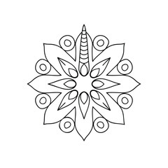 Stylized floral mandala design with geometric elements in black outline for coloring book or decoration