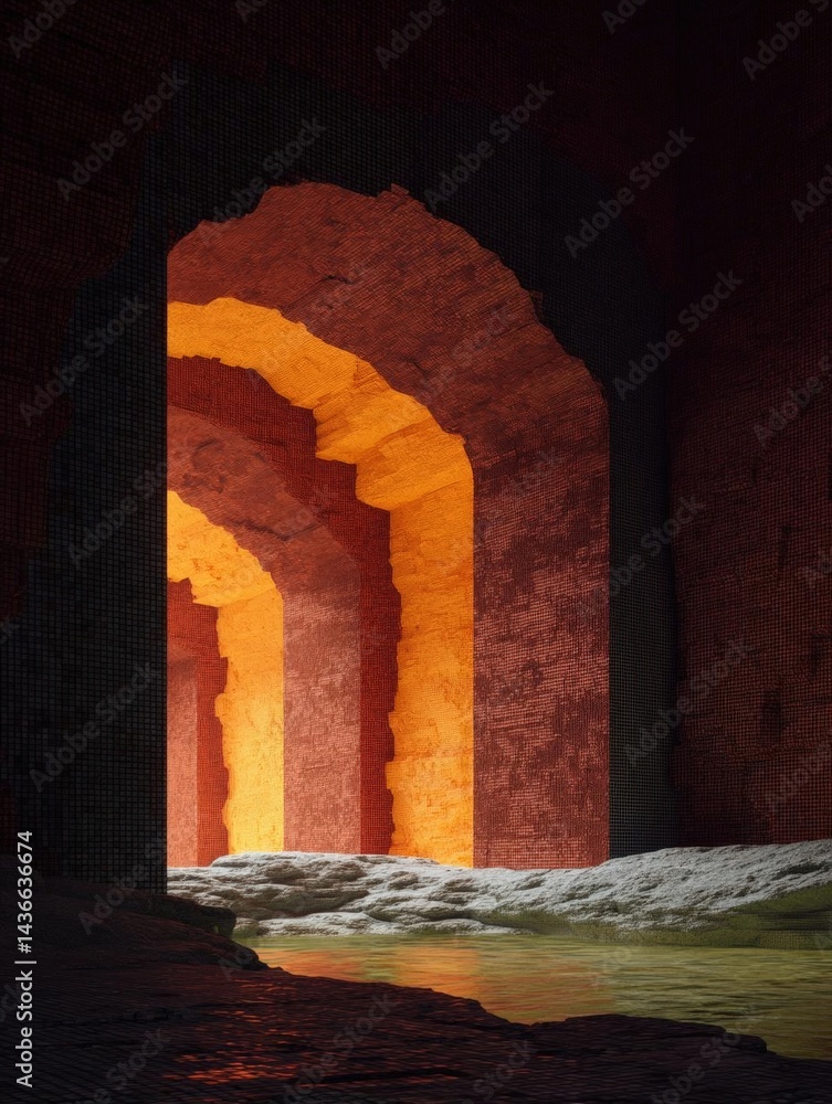 Poster digital illustration of an archway in a cave. the archway is made of red bricks and is arching over 