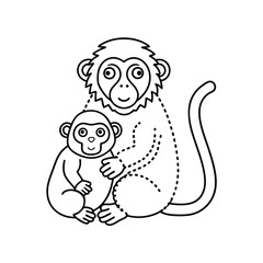 Monkey and baby cartoon illustration simple black outline animals vector design for kids coloring book