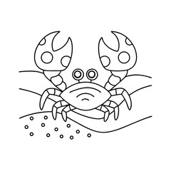 Cartoon crab black and white outline illustration of a cute crab on the sand