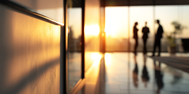 Warm golden light illuminates a textured wall in an office, blurred figures converse near a large window at sunset, creating a serene, professional atmosphere