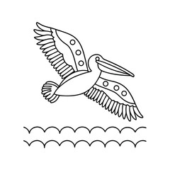 Flying pelican outline with wave illustration simple bird drawing for coloring pages or logo designs