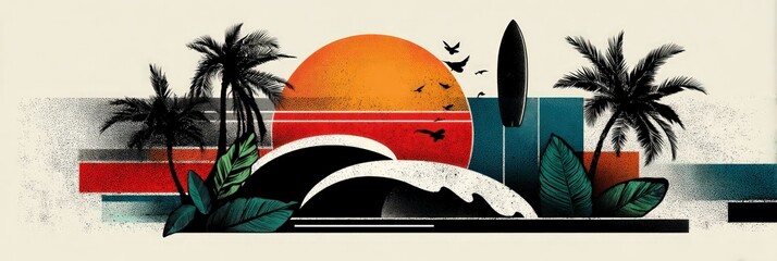 Minimalist surfer icon design with retro typography above a simple wave arc and sunset circle, surrounded by bold tropical elements