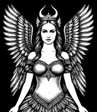Slavic Alkonost, a mythical creature with the body of a bird and the head of a beautiful woman, Black and White Vintage Etching Illustration