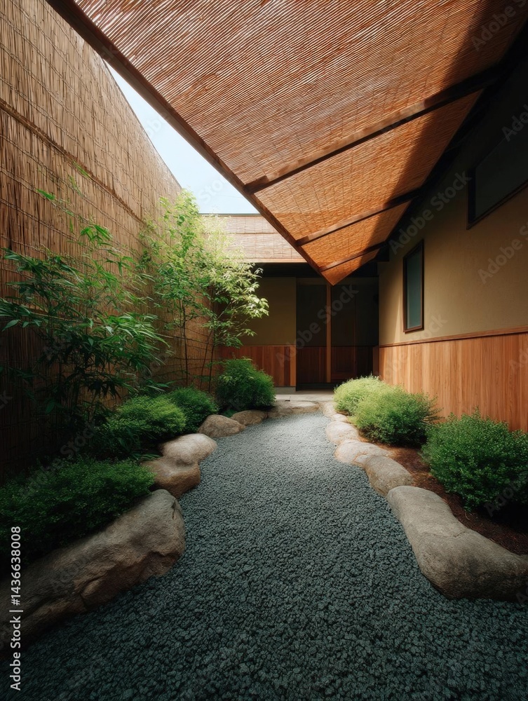 Poster modern and minimalist garden with a gravel path winding through it. the path is made of small pebble