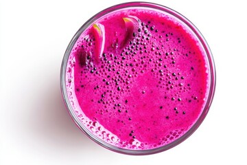 A dragon fruit smoothie with pink vibrant color in a transparent glass, overhead view, isolated on a white background.