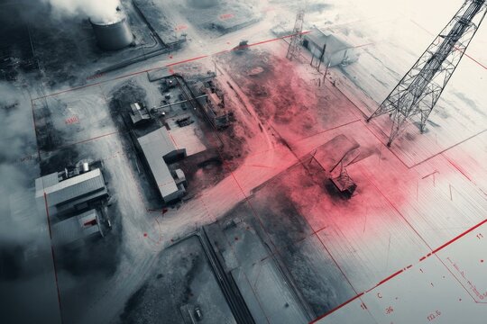 Detailed architectural plan view of industrial plant with cooling tower, power lines, structures, red grid, and numeric annotations