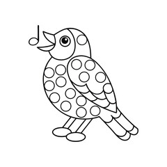 Singing bird outline with polka dots cartoon vector illustration for children and coloring pages