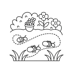 Ants trail to sweet treat in black and white illustration for kids coloring page