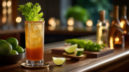Fototapeta premium Classic Caesar cocktail in a tall glass with celery stalk, lime wedge, and spiced rim, served on a bar counter