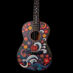 A vibrantly colored guitar, adorned with intricate swirling patterns including flowers and abstract shapes art illustration design