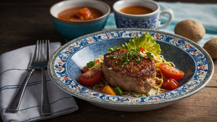 Grilled Steak with Spaghetti and Fresh Vegetables