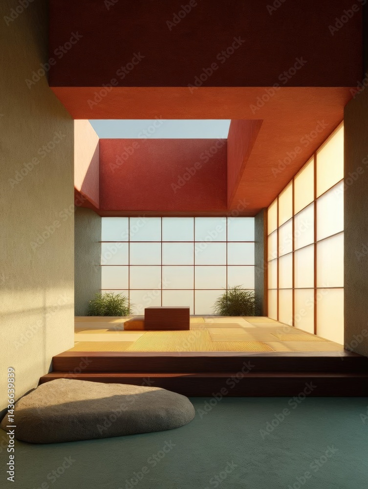 Poster modern and minimalist interior of a room with a large window on the right side. the window is made o