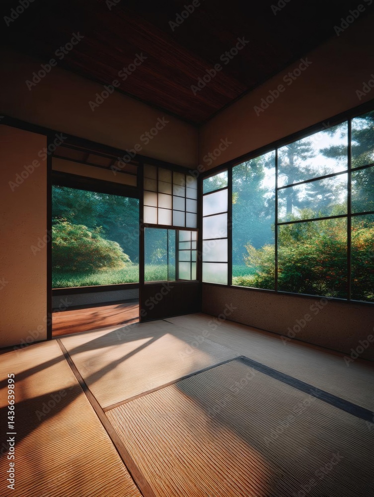 Poster empty room with large windows that offer a beautiful view of the trees and greenery outside. the roo