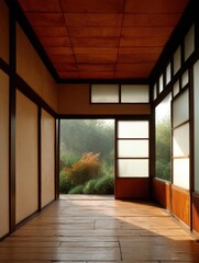Empty room with a wooden floor and a wooden ceiling. the room has a large window on the right side, which is covered with white panels.