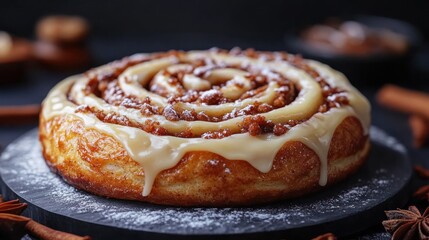 Cinnamon roll with icing on a dark plate with cinnamon sticks.