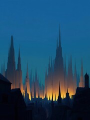 Fototapeta premium Digital illustration of a city skyline at sunset. the sky is a deep blue color and the buildings are silhouetted against it.