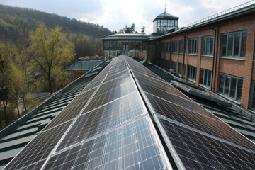Fototapeta premium Solar Panels on Building Roof for Sustainable Energy Production, Clean Power Generation and Environmental Responsibility