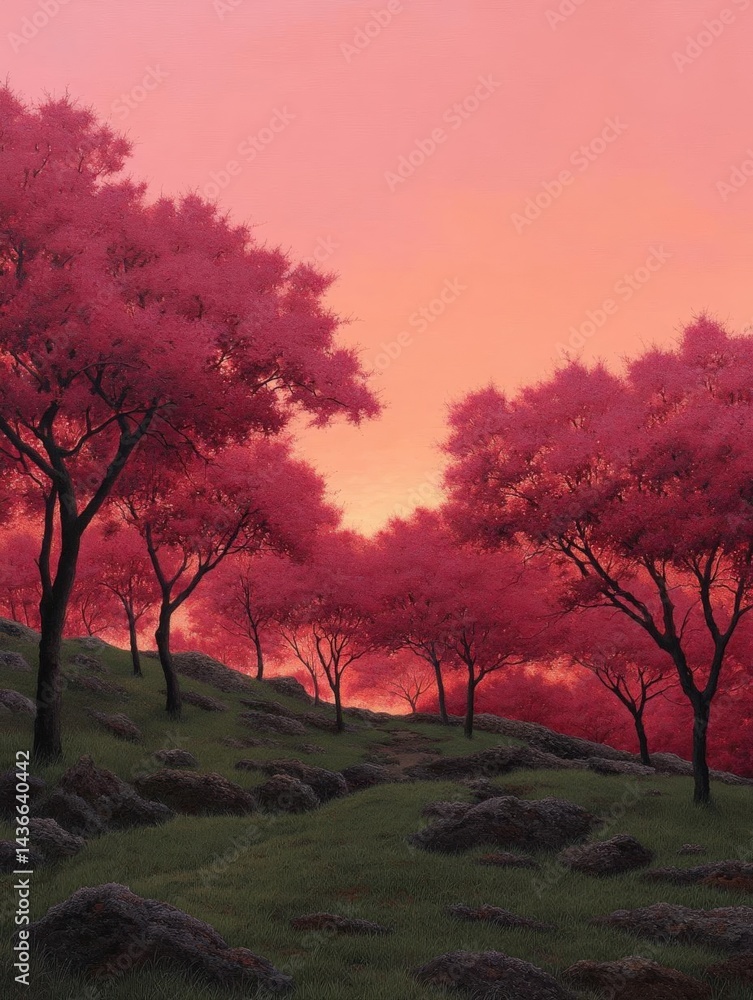 Poster landscape photograph of a group of trees with pink leaves. the trees are arranged in a line, with th