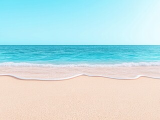 Fototapeta premium Serene beach scene; calm ocean waves gently lapping on soft, pale sand under a clear blue sky
