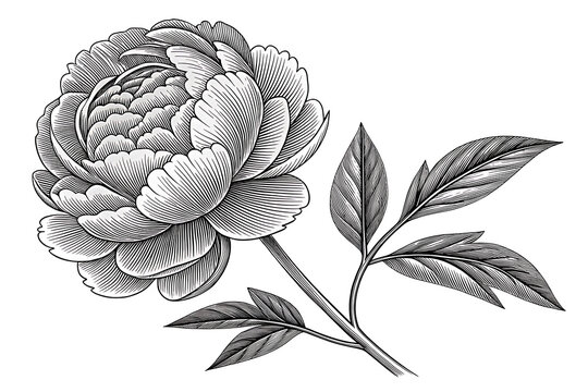 engraved peony flower with leaves, black and white clip art preview