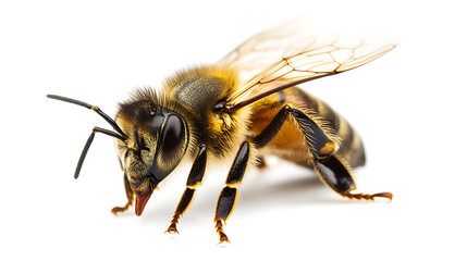 Honey bee sitting on a white background.