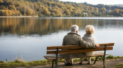 Senior couple enjoying the serene view of a lake in autumn, sitting together on a park bench, embracing tranquility and each other.
