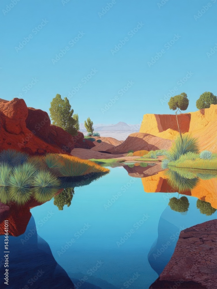 Poster digital illustration of a desert landscape with a small lake in the foreground. the lake is surround