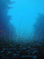 Naklejka premium Digital illustration of a forest scene. the background is a deep blue color, and the foreground is filled with tall grasses and plants.