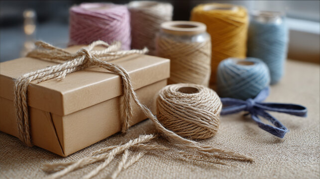 Brown Gift Box Tied with Twine and Colorful Yarn Rolls