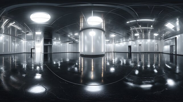 360 Degree full panorama environment map of black minimalistic studio environment with bright lights and reflections 3d render illustration hdri hdr vr virtual reality