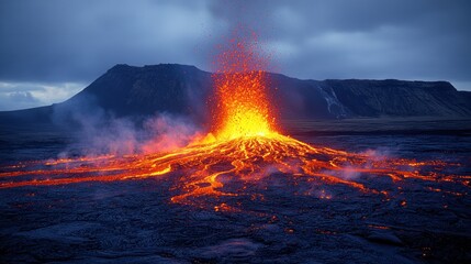 Erupting volcano spews lava and smoke against a dark sky and landscape.