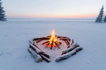 Warm fire crackles in snowy landscape, surrounded by snow-covere