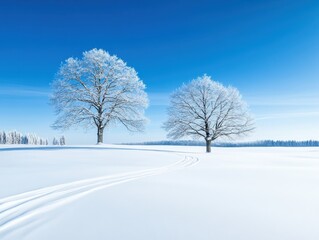 Obraz premium Two snow-covered trees stand in a vast, snow-covered field under a clear blue sky. Cross-country ski tracks wind through the pristine snow