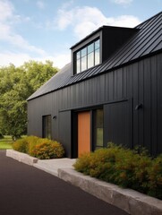 Obraz premium Modern black house with a sloping roof. the house has a large window on the second floor and a wooden door in the center. the door is painted orange and has a small window above it.