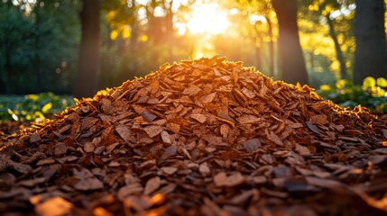 Pile of brown leaves in a forest with sunlight shining through trees.