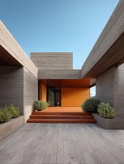 Modern and minimalist entrance of a modern house. the entrance is made of concrete blocks and has a wooden staircase leading up to the entrance.