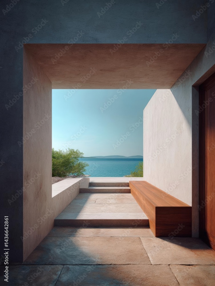 Poster empty room with a large window that offers a beautiful view of the ocean. the room has a concrete fl