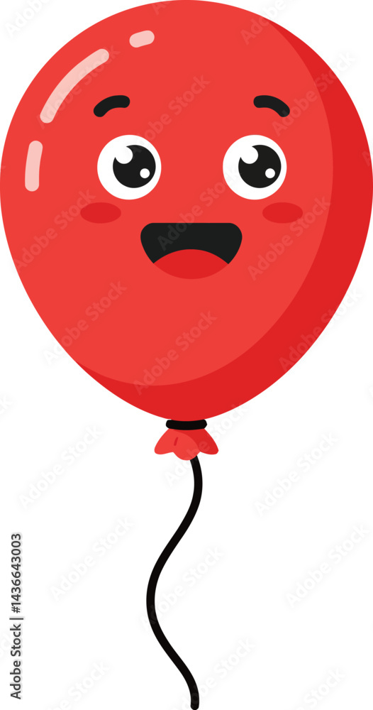 Poster red balloon with happy face expression floating with string cartoon vector illustration