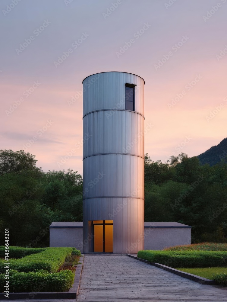 Aufkleber tall, cylindrical building with a unique design. it appears to be made of metal or concrete and has 