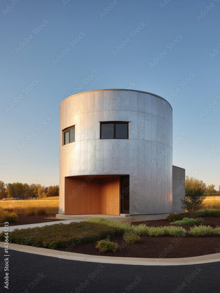Poster modern building with a unique architectural design. the building is a round, cylindrical structure w