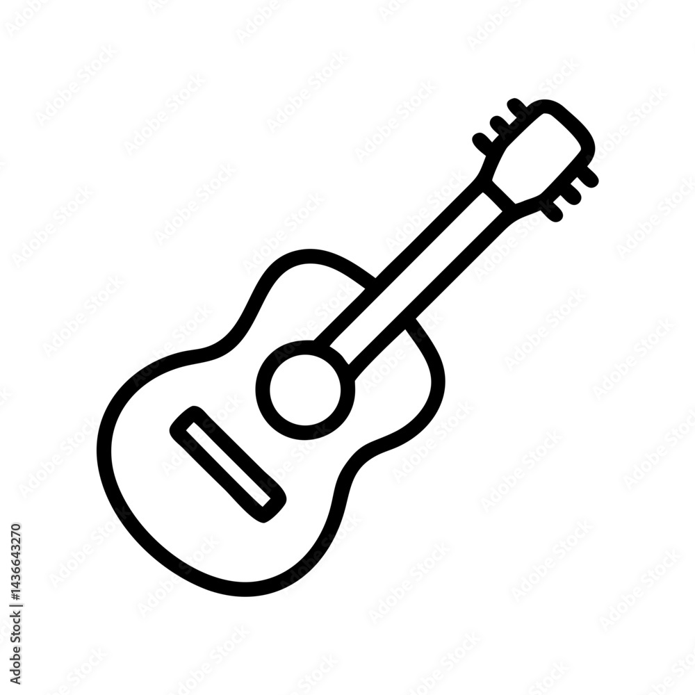 Poster simple line drawing of a classical guitar instrument with strings and tuning pegs shown clearly