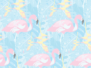 Seamless tropical pattern with flamingos, monstera leaves and heliconia flower in soft colors
