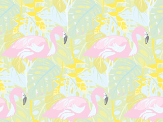 Naklejka premium Colorful seamless tropical pattern with flamingos, monstera leaves and heliconia flowerPrint
