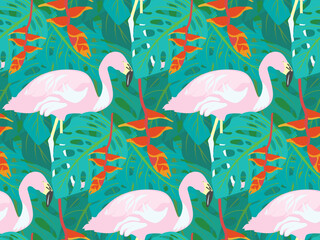 Bright colorful seamless tropical pattern with flamingos, monstera leaves and heliconia flower