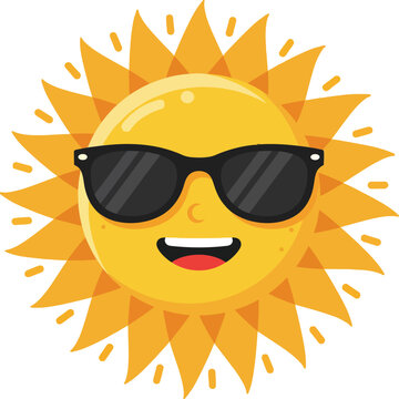 Sun character with sunglasses smiling bright yellow sun rays vector illustration cheerful summer icon 