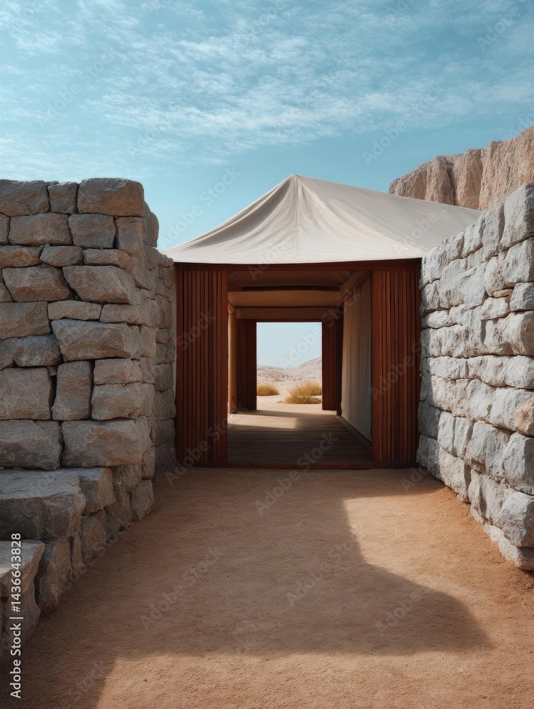Poster large white tent set up in the middle of a desert-like landscape. the tent is supported by two large