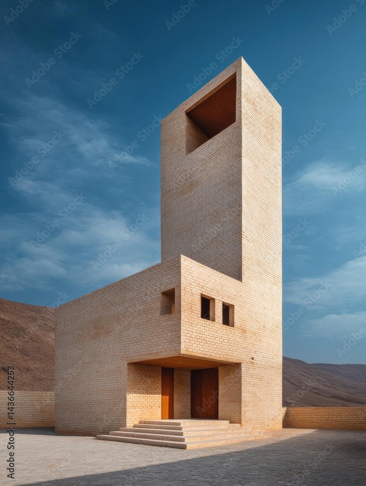 Poster modern architectural building with a unique design. the building is made of light-colored bricks and
